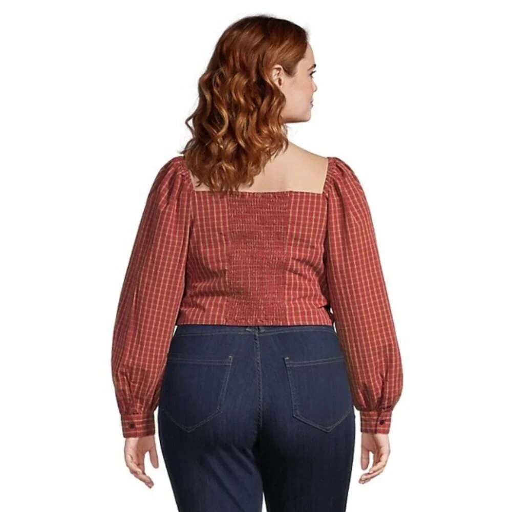 LEVI'S Trendy Plus Size Devin Cotton Red Plaid Ruched Balloon-Sleeve Top NWT - Picture 2 of 6
